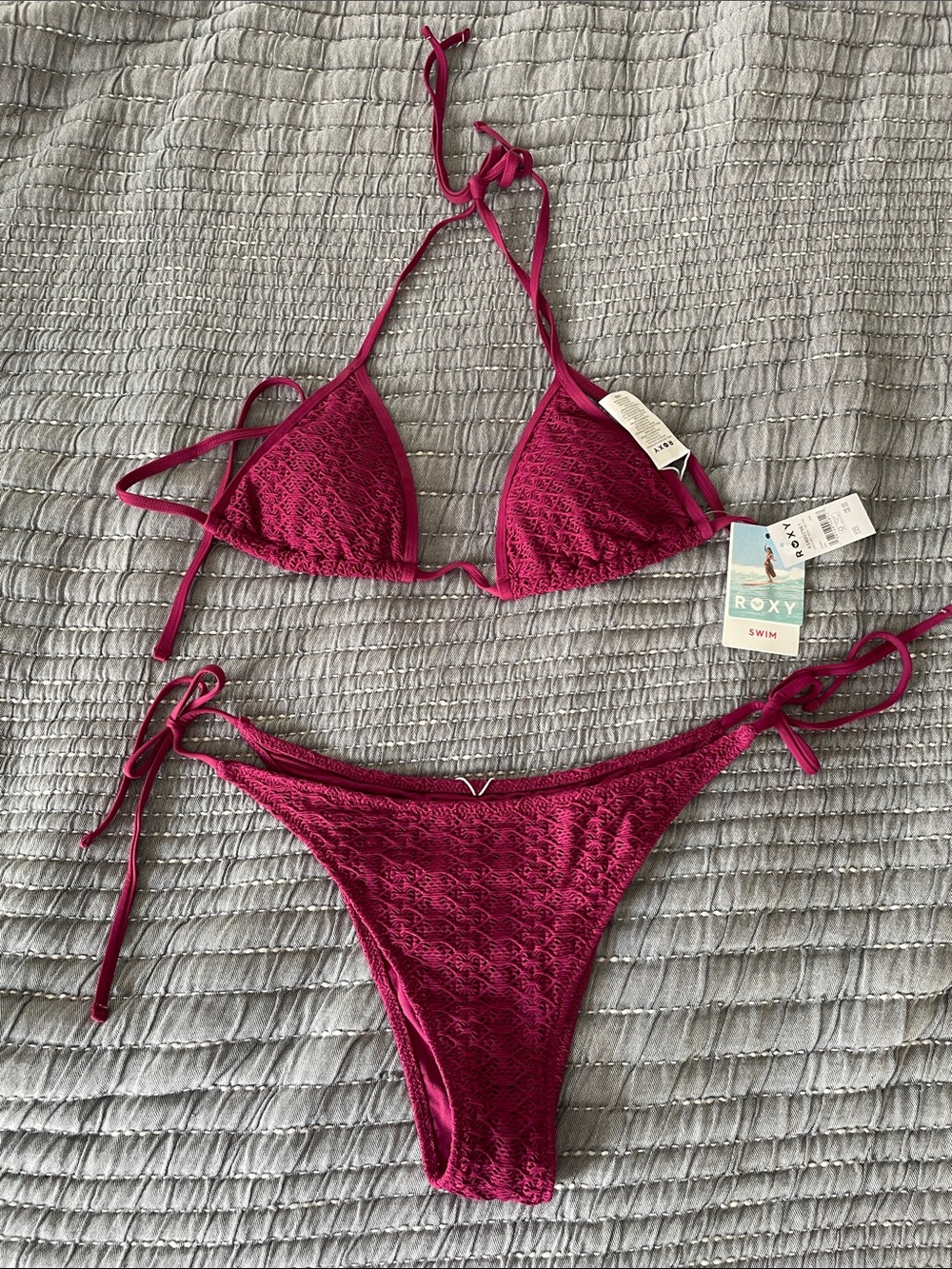 Roxy Women's Deep Magenta Crochet Triangle Bikini